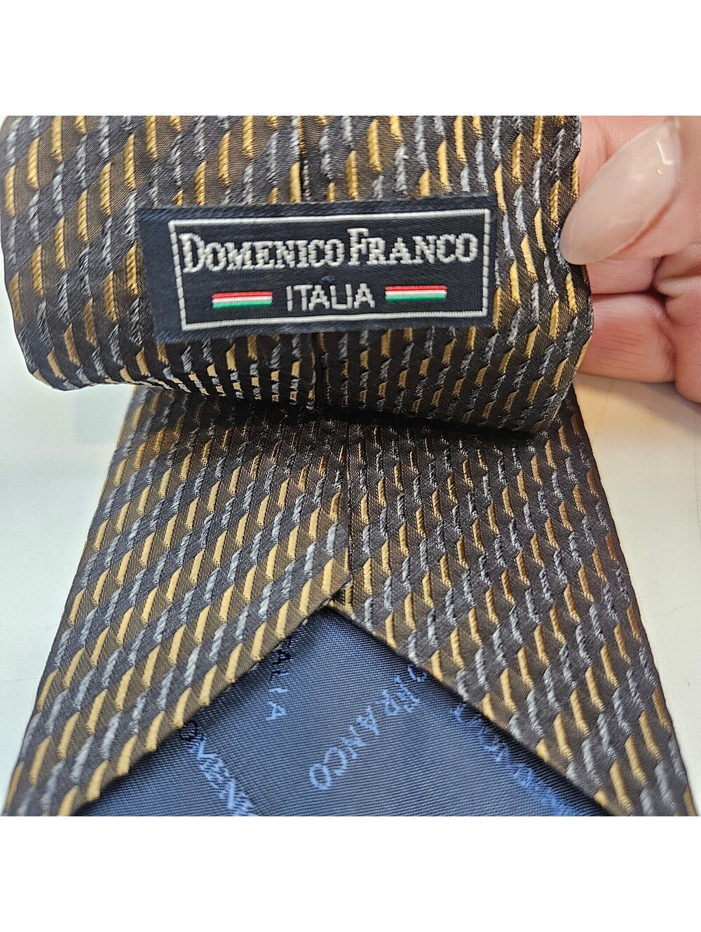 Domenico Franco Italy Silk Tie Brown Blue Gold Textured Woven Men's Necktie 56"